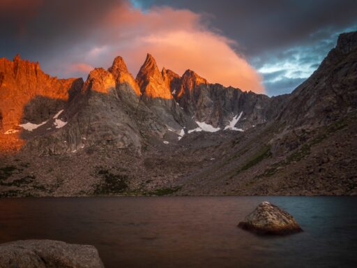 Alpenglow on the back of the Cirque of the Towers behind Shadow Lake
