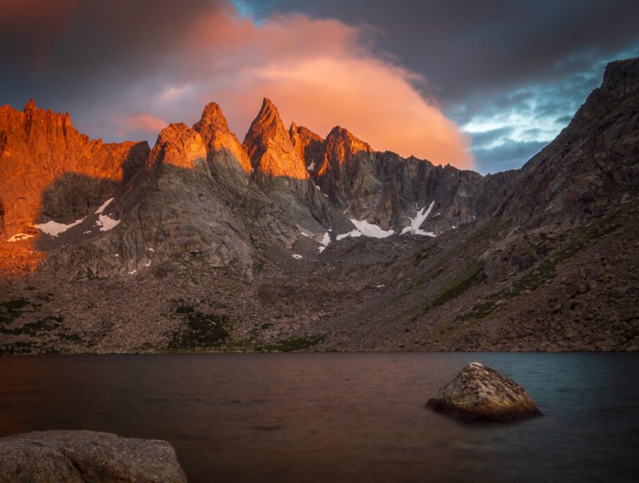 Alpenglow on the back of the Cirque of the Towers behind Shadow Lake