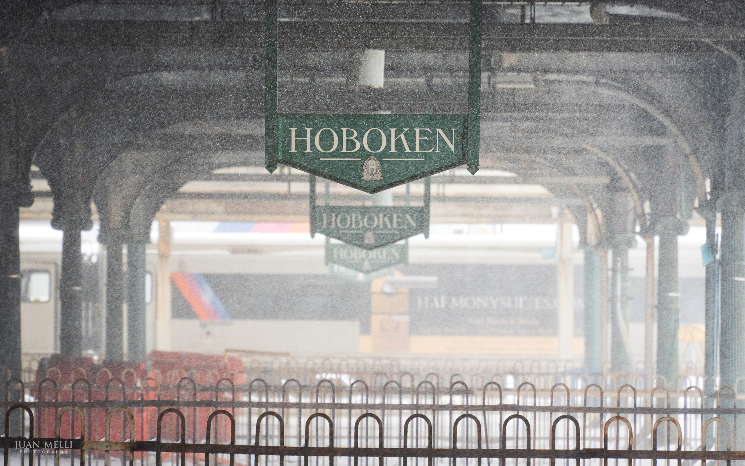 Snow blows through the rail yard in Hoboken Terminal