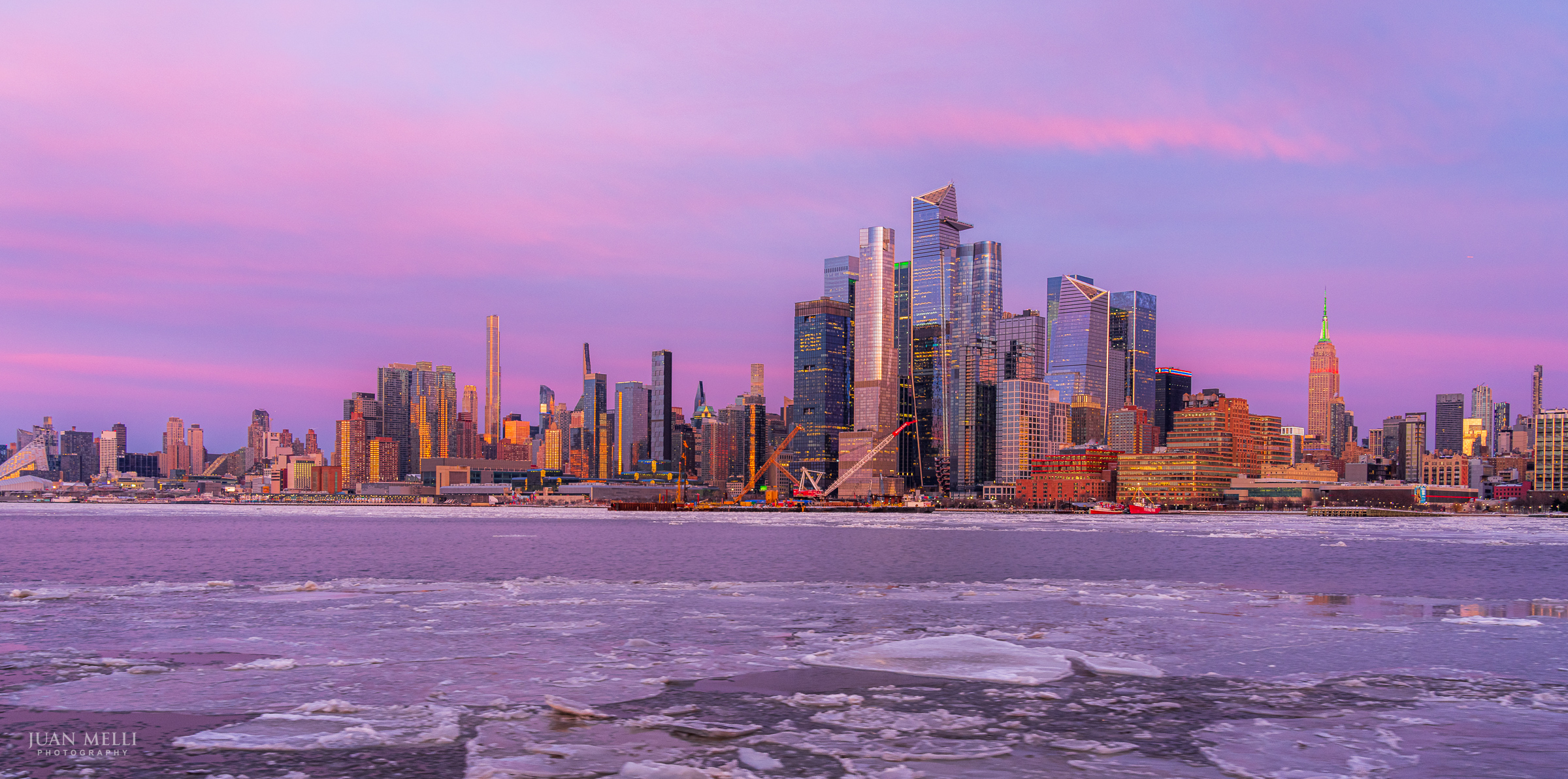 Midtown Manhattan and icy Hudson River sunset