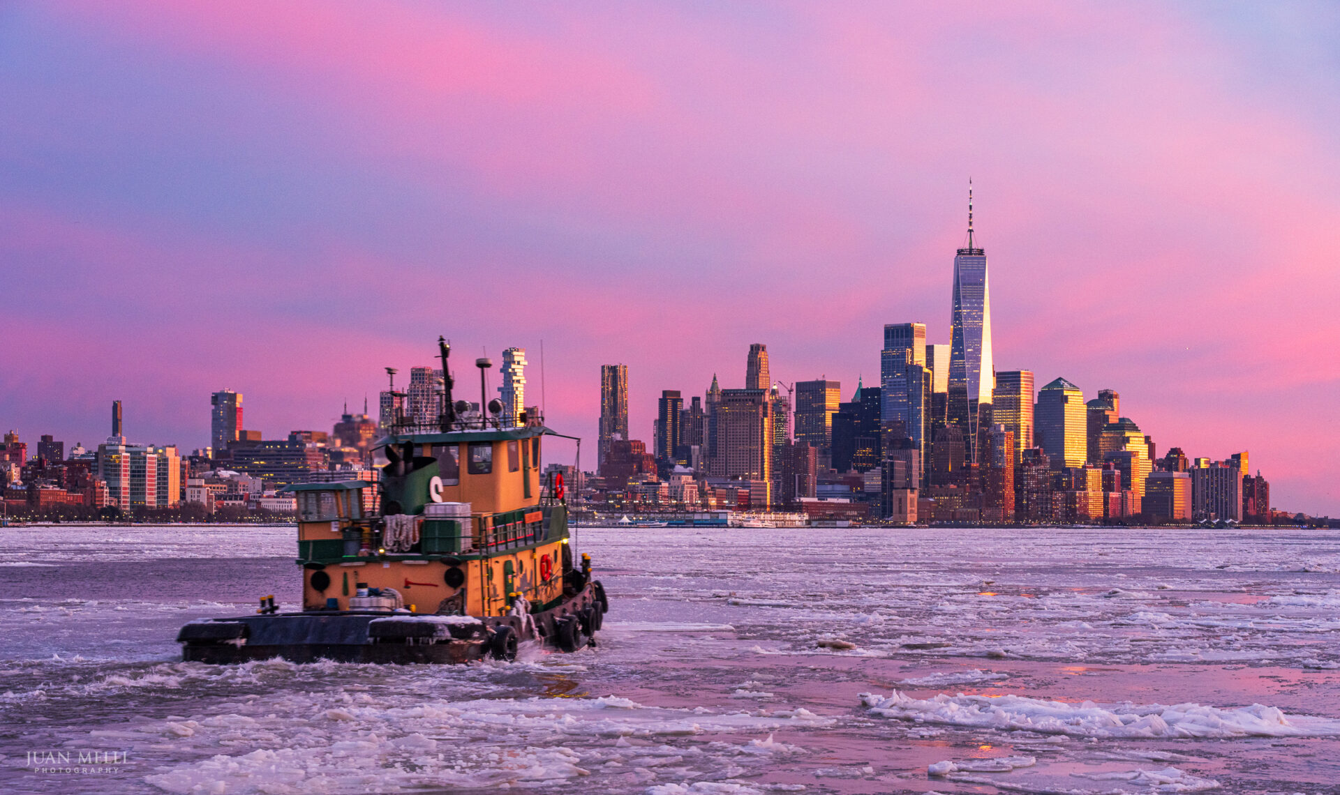 Tugboat on the icy Hudson River