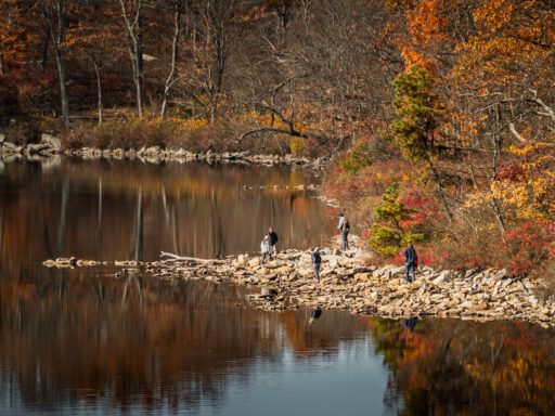 The rocky northern shoreline of Sunfish Pond, with fall color reflected in the clear mountain water.