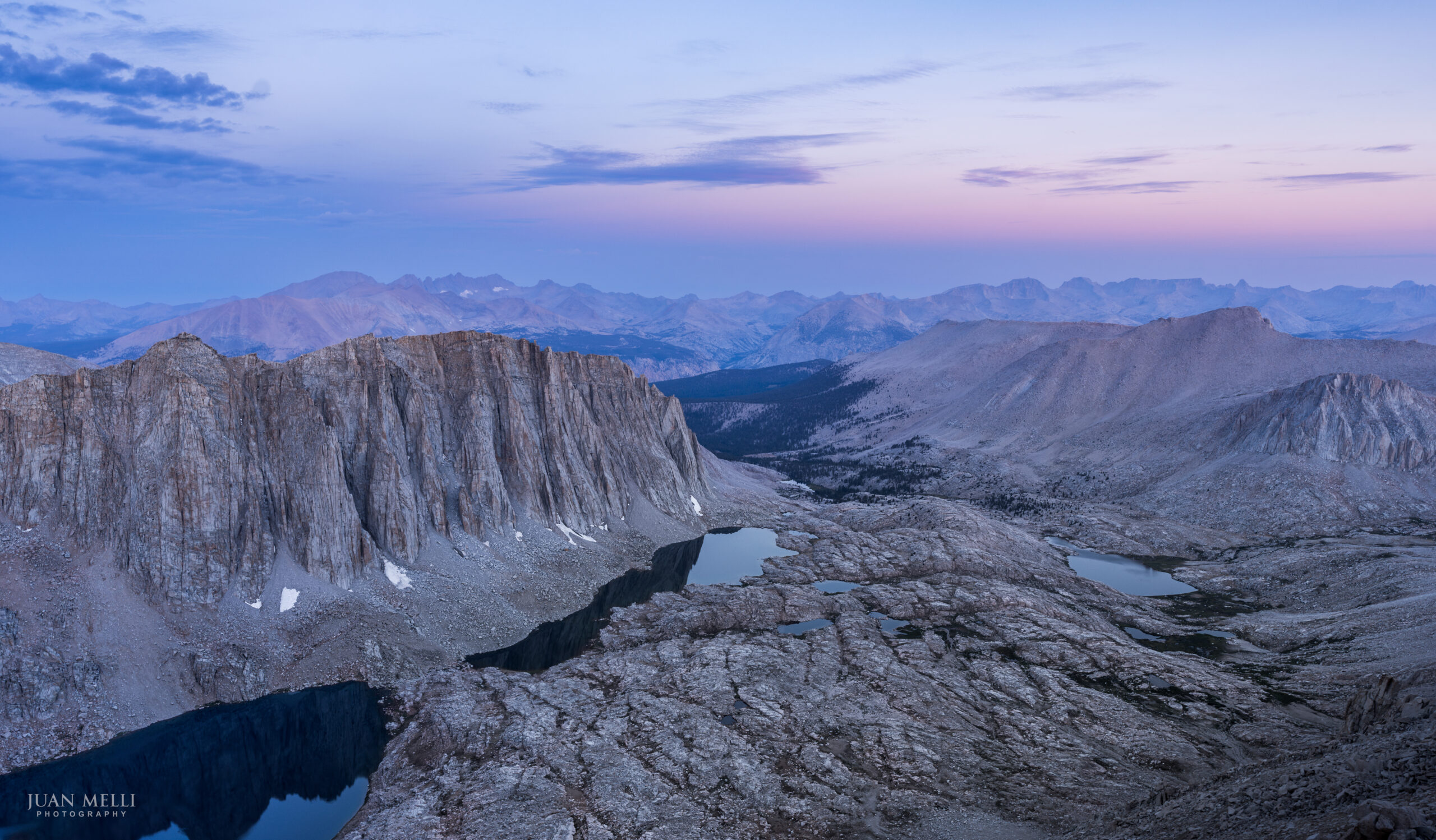 Dawn over Sequoia National Park. Mount Hitchcock and Hitchcock Lakes on the left and Guitar Lake on the right.