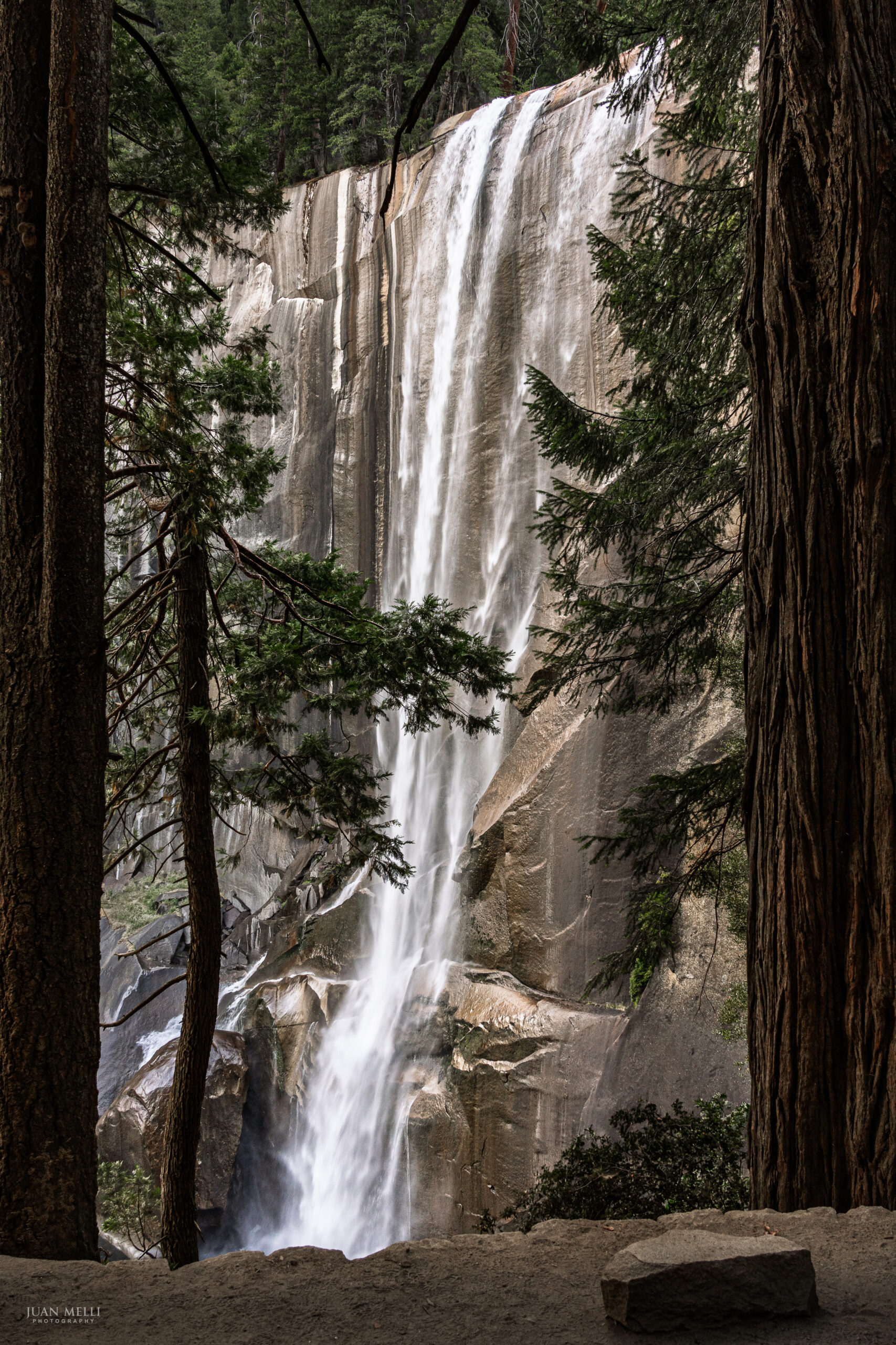 Vernal Fall framed by trees